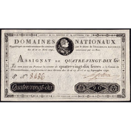 Assignat 08a-v1 (variété) - 90 livres - 29 septembre 1790 - Série G - Etat : SUP+