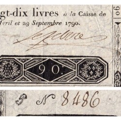 Assignat 08a-v1 (variété) - 90 livres - 29 septembre 1790 - Série G - Etat : SUP+