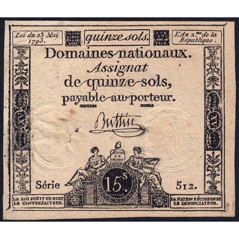 Assignat vérificateur 41v - 15 sols - 23 mai 1793 - Série 512 - Etat : TTB+