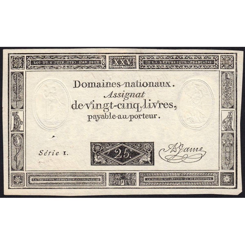 Assignat vérificateur 43v - 25 livres - 6 juin 1793 - Série 1 - Etat : SUP