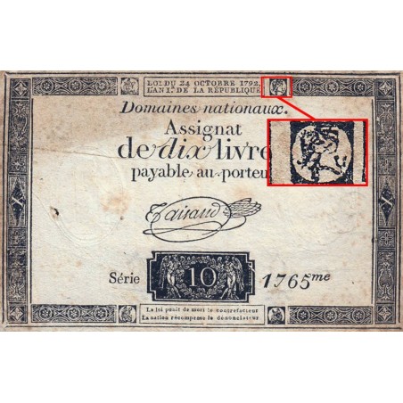 Assignat 36a-v4b (variété) - 10 livres - 24 octobre 1792 - Série 1765 - Etat : TB-