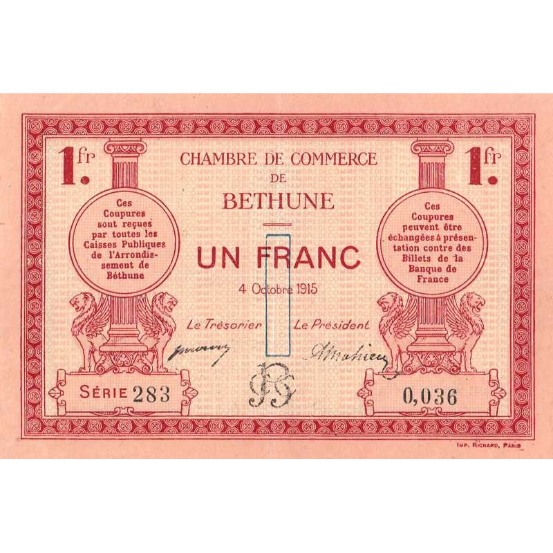 Béthune - Pirot 26-6 - 1 franc - Série 283 - 04/10/1915 - Etat : SUP