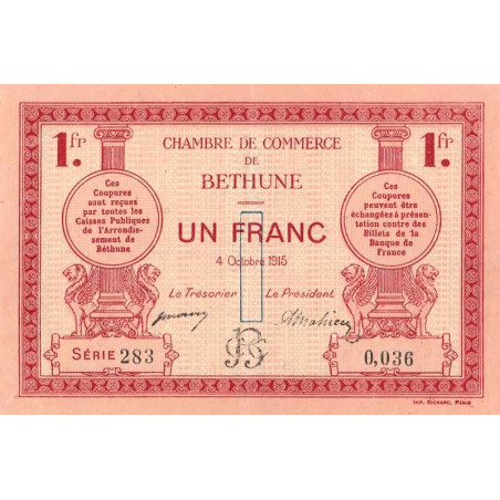 Béthune - Pirot 26-6 - 1 franc - Série 283 - 04/10/1915 - Etat : SUP