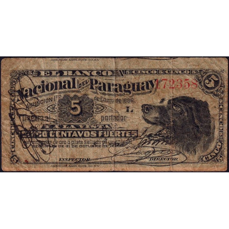 Paraguay - Pick S 141 - 5 centavos fuertes - Série L - 01/01/1886 - Etat : TB-