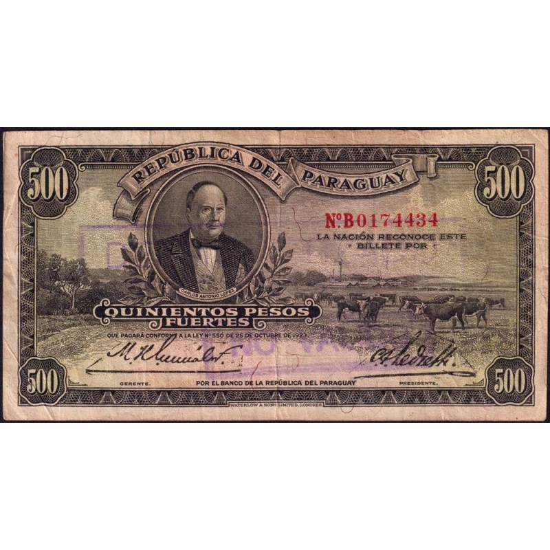 Paraguay - Pick 169v - 500 pesos fuertes - Série B - 1936 - Etat : TB+