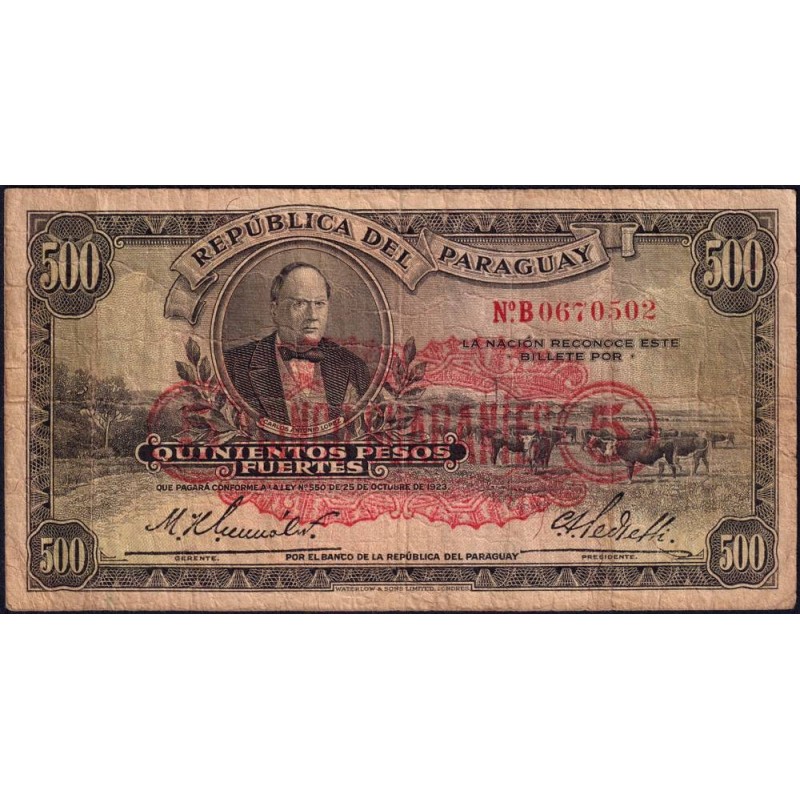 Paraguay - Pick 174 - 5 guaranies sur 500 pesos fuertes - Série B - 1943 - Etat : TB-