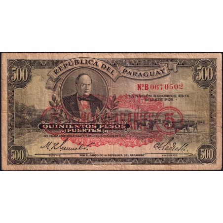 Paraguay - Pick 174 - 5 guaranies sur 500 pesos fuertes - Série B - 1943 - Etat : TB-