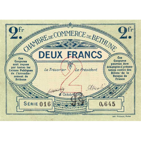 Béthune - Pirot 26-10 - 2 francs - Série 016 - 04/10/1915 - Etat : SPL+