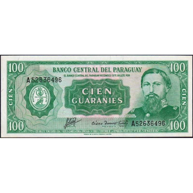 Paraguay - Pick 205_1 - 100 guaranies - Série A - 25/03/1952 (1982) - Etat : NEUF