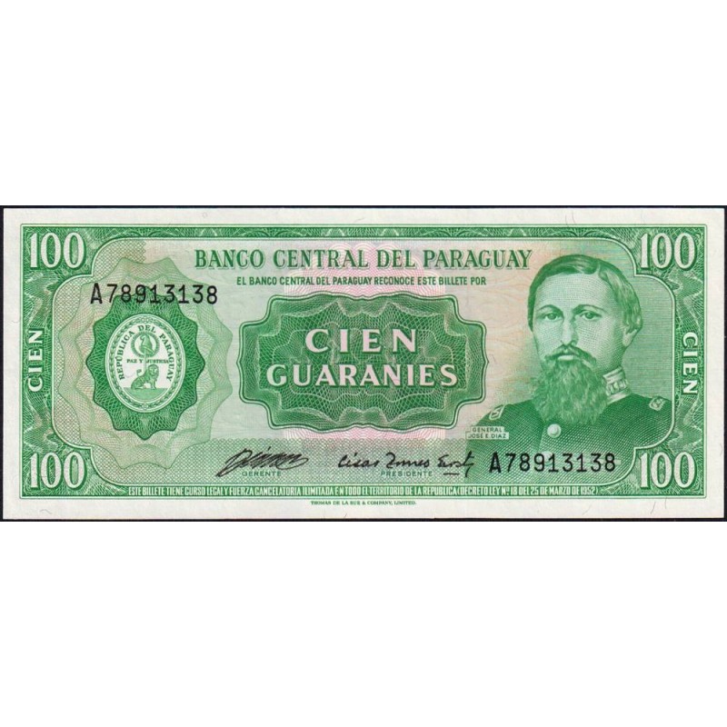 Paraguay - Pick 205_2 - 100 guaranies - Série A - 25/03/1952 (1985) - Etat : NEUF
