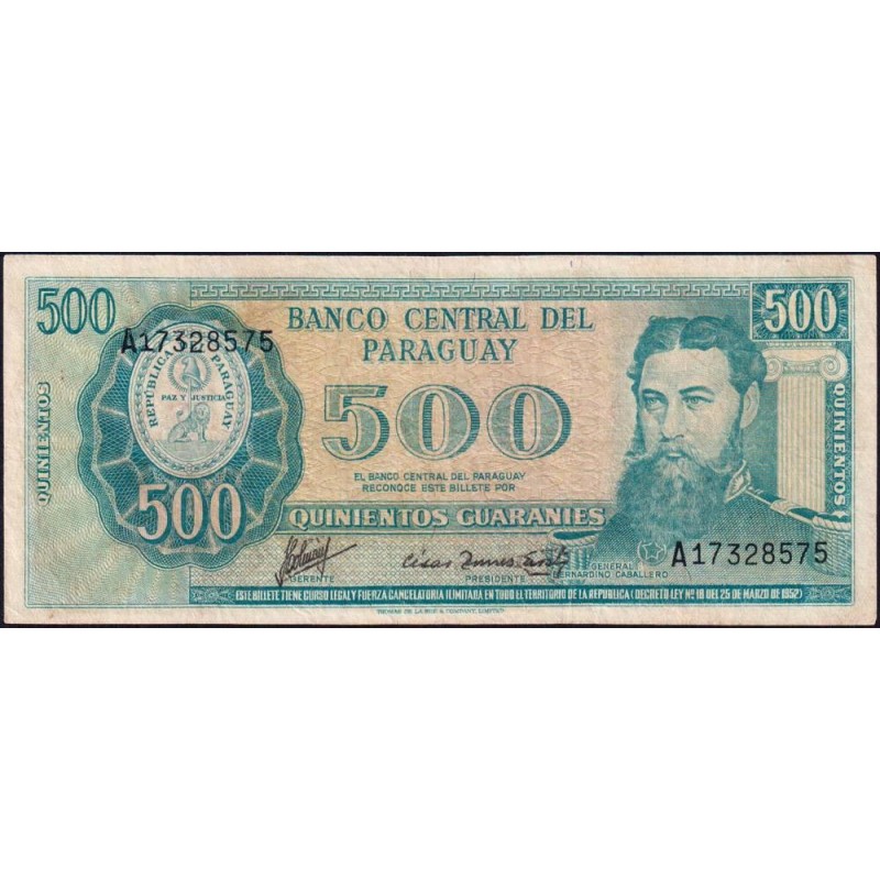 Paraguay - Pick 206_1 - 500 guaranies - Série A - 25/03/1952 (1982) - Etat : TTB-