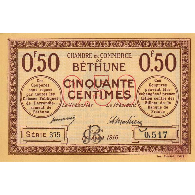 Béthune - Pirot 26-15 - 50 centimes - Série 375 - 17/04/1916 - Etat : NEUF