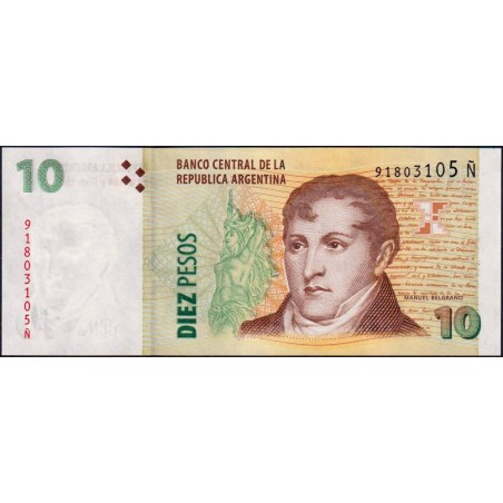 Argentine - Pick 354b - 10 pesos - Série Ñ - 2014 - Etat : NEUF