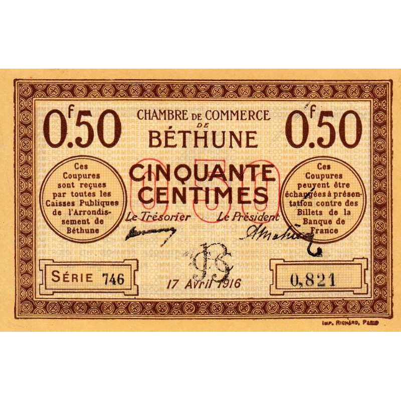 Béthune - Pirot 26-15 - 50 centimes - Série 746 - 17/04/1916 - Etat : SPL