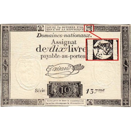 Assignat 36a-v4c (variété) - 10 livres - 24 octobre 1792 - Série 137 - Etat : TTB+