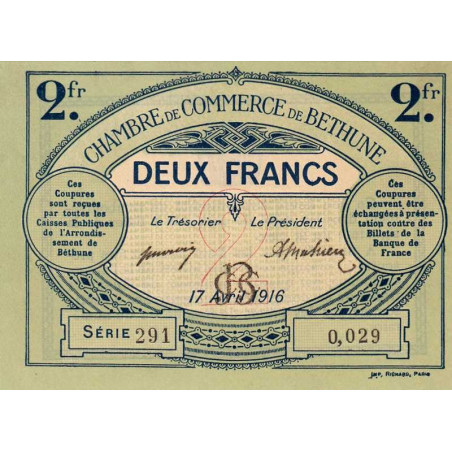 Béthune - Pirot 26-19 - 2 francs - Série 291 - 17/04/1916 - Etat : NEUF