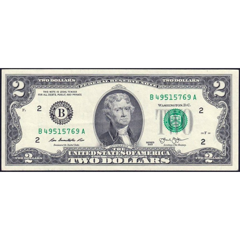 Etats Unis - Pick 538 - 2 dollars - Série B A - 2013 - New York - Etat : TTB+