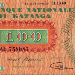 Katanga - Pick 8a - 100 francs - 31/10/1960 - Série AY - Etat : TB