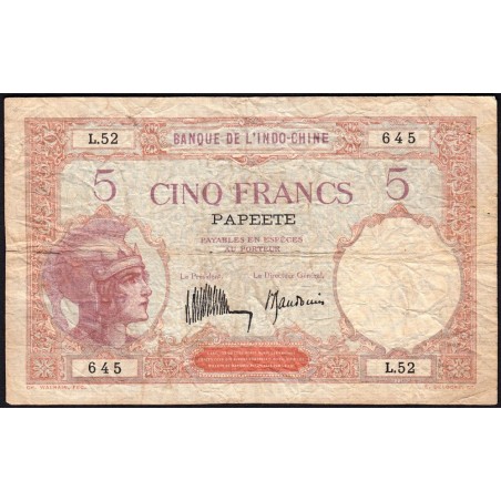 Tahiti - Papeete - Pick 11b - 5 francs - Série L.52 - 1935 - Etat : TB-