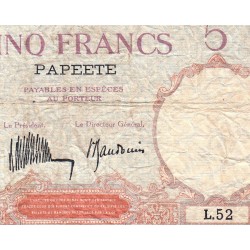Tahiti - Papeete - Pick 11b - 5 francs - Série L.52 - 1935 - Etat : TB-
