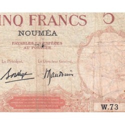 Nouvelle-Calédonie - Nouméa - Pick 36b_2 - 5 francs - Série W.73 (remplacement) - 1937 - Etat : B