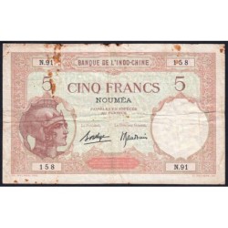 Nouvelle-Calédonie - Nouméa - Pick 36b_2 - 5 francs - Série N.91 - 1937 - Etat : B à B+