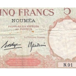 Nouvelle-Calédonie - Nouméa - Pick 36b_2 - 5 francs - Série N.91 - 1937 - Etat : B à B+