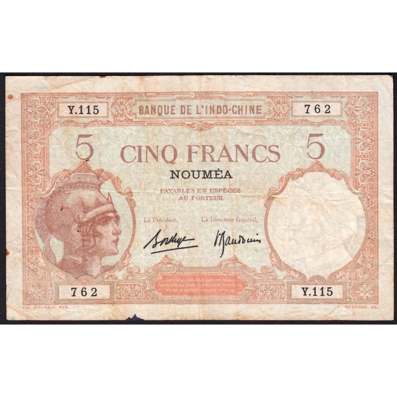 Nouvelle-Calédonie - Nouméa - Pick 36b_2 - 5 francs - Série Y.115 - 1937 - Etat : TB+