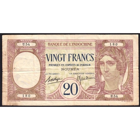 Nouvelle-Calédonie - Nouméa - Pick 37b - 20 francs - Série U.54 - 1937 - Etat : TB+