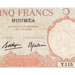 Nouvelle-Calédonie - Nouméa - Pick 36b_2 - 5 francs - Série Y.115 - 1937 - Etat : TB+