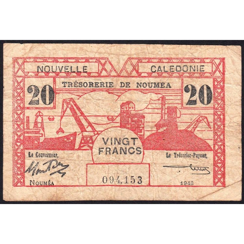 Nouvelle-Calédonie - Nouméa - Pick 57b - 20 francs - 1943 - Etat : B+ à TB-