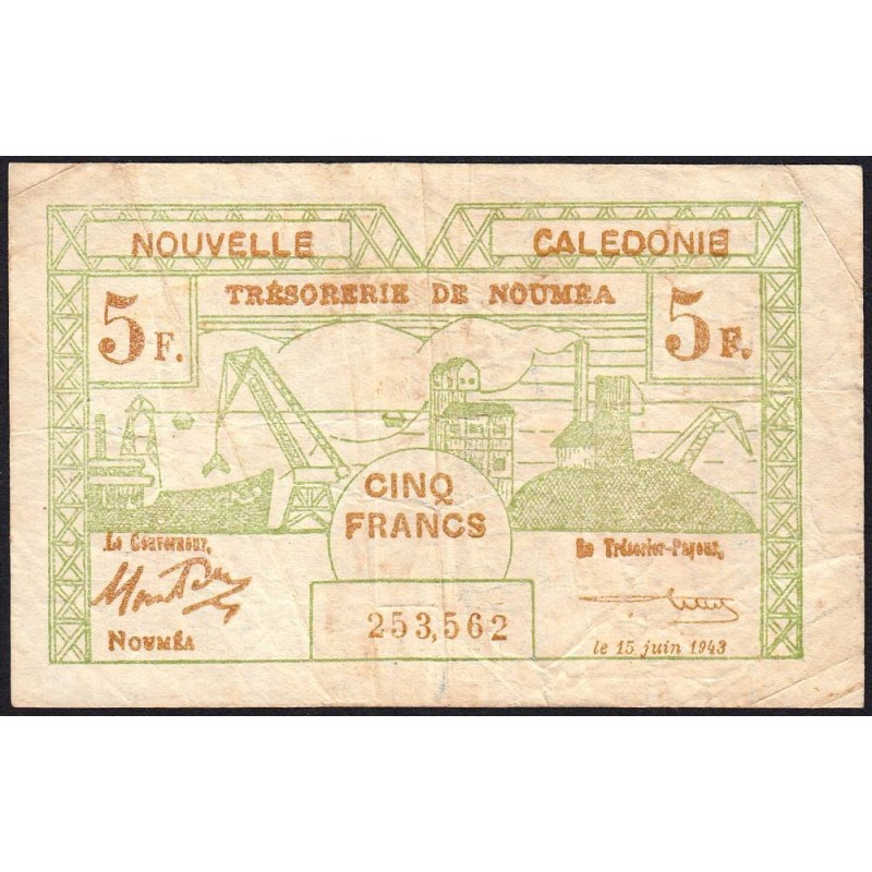 Nouvelle-Calédonie - Nouméa - Pick 58 - 5 francs - 15/06/1943 - Etat : TB à TB+