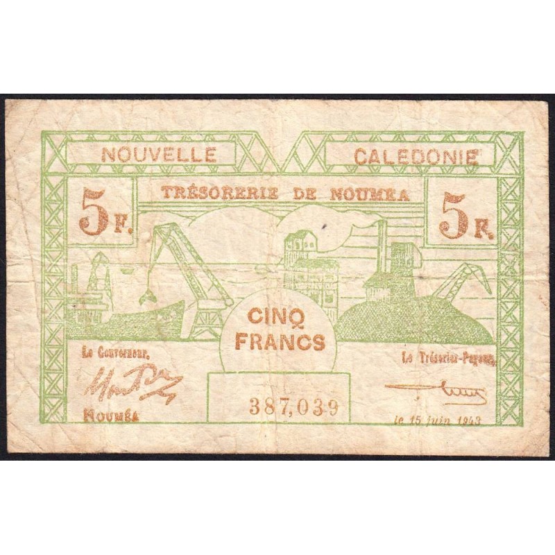 Nouvelle-Calédonie - Nouméa - Pick 58 - 5 francs - 15/06/1943 - Etat : TB-