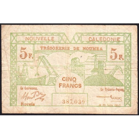 Nouvelle-Calédonie - Nouméa - Pick 58 - 5 francs - 15/06/1943 - Etat : TB-