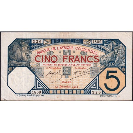 Sénégal - Dakar - Pick 5Bc_1 - 5 francs - Série D.1809 - 14/12/1922 - Etat : TTB