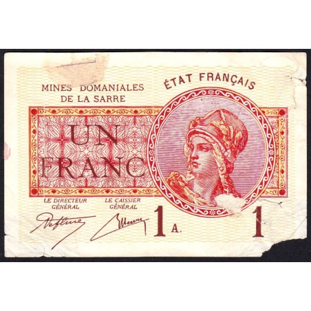 VF 51-01p - 1 franc - Mines Domaniales de la Sarre - 1919 - Série A - Epreuve - Etat : AB