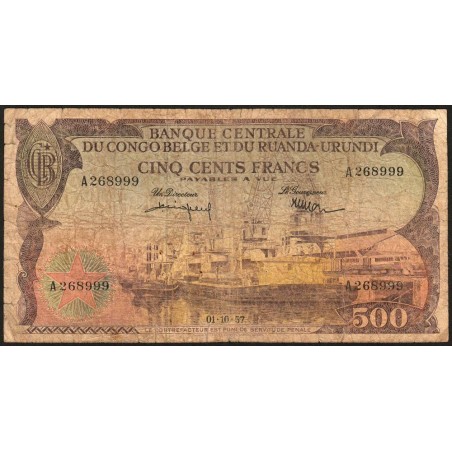 Congo Belge - Pick 34_2 - 500 francs - Série A - 01/10/1957 - Etat : B-