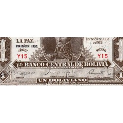 Bolivie - Pick 128c_2 - 1 boliviano - Série Y15 - Loi 1928 / Emission 1952 - Etat : NEUF