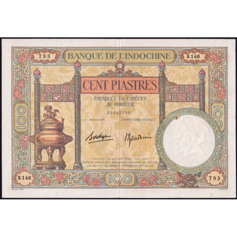 Indochine Française - Pick 51d - 100 piastres - Série S.146 - 1936 - Etat : TTB+ à SUP