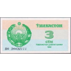 Ouzbékistan - Pick 62a - 3 som - Série BA - 1992 (1993) - Etat : SPL