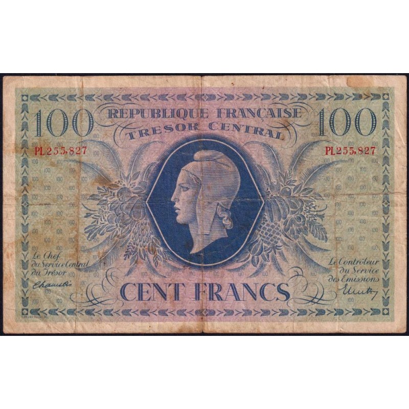 VF 06-01d - 100 francs - Trésor central - 1943 - Série PL - Etat : TB-