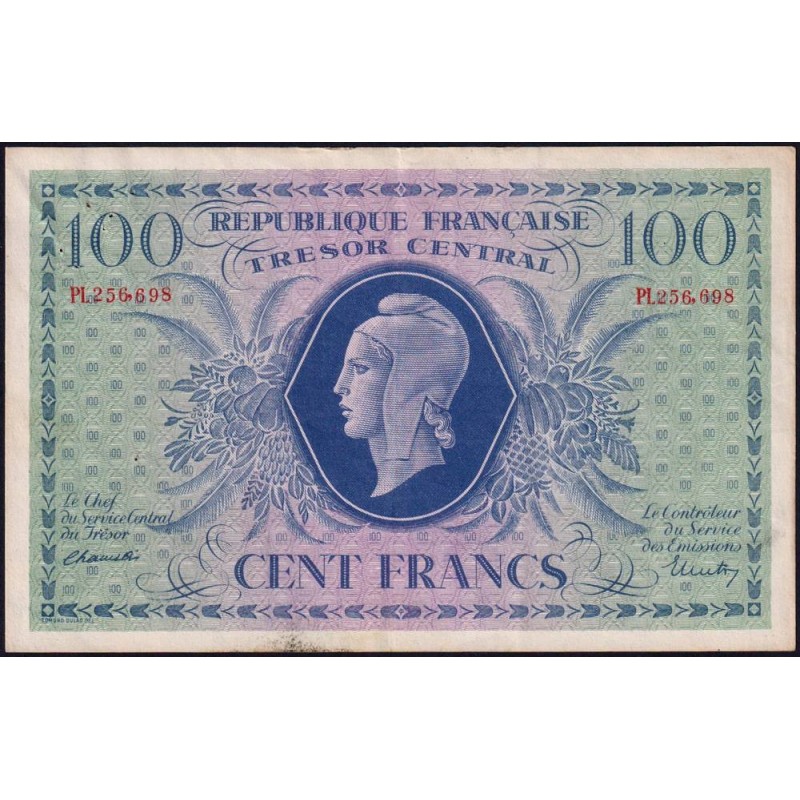 VF 06-01d - 100 francs - Trésor central - 1943 - Série PL - Etat : TTB+ à SUP