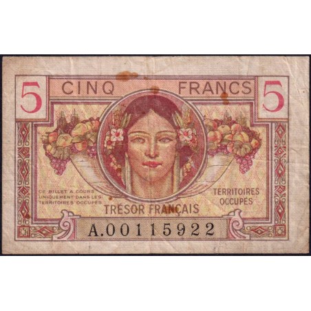 VF 29-01 - 5 francs - Trésor français - Territoires occupés - 1947 - Série A - Etat : TB+