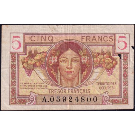 VF 29-01 - 5 francs - Trésor français - Territoires occupés - 1947 - Série A - Etat : TB-