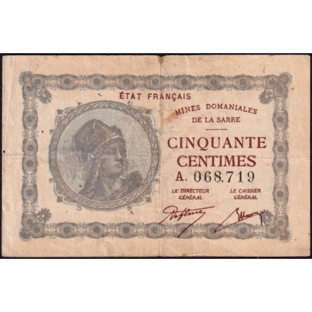 VF 50-01 - 50 centimes - Mines Domaniales de la Sarre - 1919 - Série A - Etat : TB+