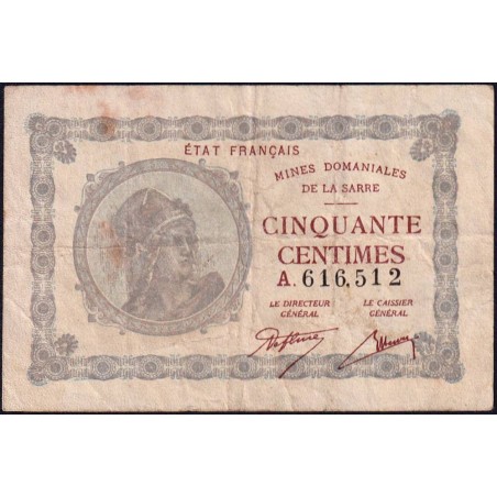 VF 50-01 - 50 centimes - Mines Domaniales de la Sarre - 1919 - Série A - Etat : TB+