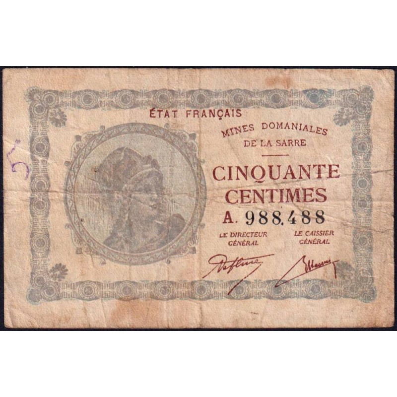 VF 50-01 - 50 centimes - Mines Domaniales de la Sarre - 1919 - Série A - Etat : B+