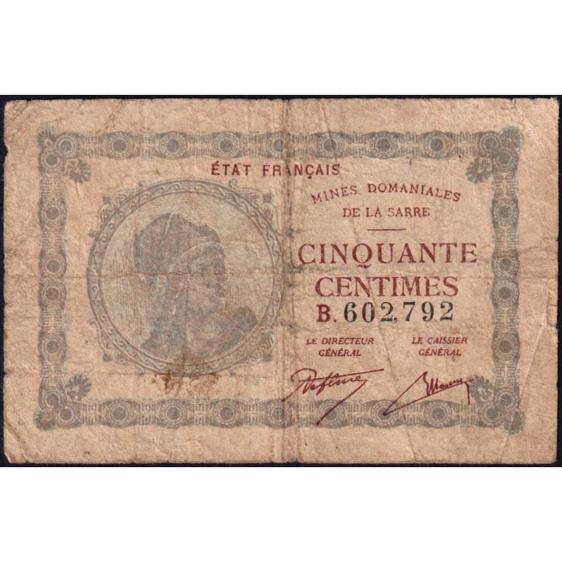 VF 50-02 - 50 centimes - Mines Domaniales de la Sarre - 1919 - Série B - Etat : B