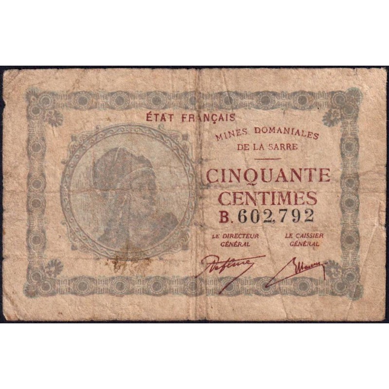 VF 50-02 - 50 centimes - Mines Domaniales de la Sarre - 1919 - Série B - Etat : B