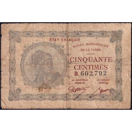 VF 50-02 - 50 centimes - Mines Domaniales de la Sarre - 1919 - Série B - Etat : B